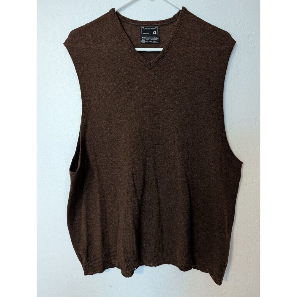 Vintage JC Penney Towncraft 100% Lambswool V Neck Sweater Vest Mens XL Brown